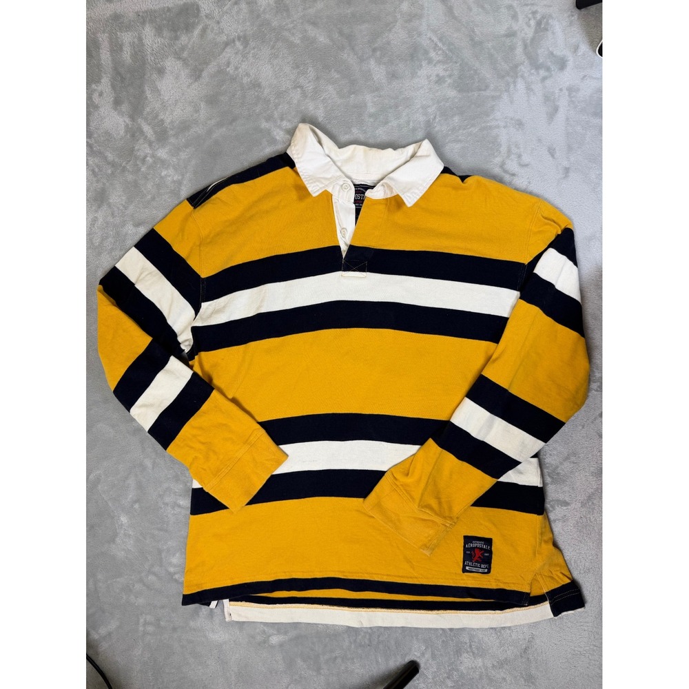 AEROPOSTALE Rugby Shirt Mens XL Yellow Navy Striped Long Sleeve Polo Preppy Y2K